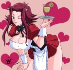 akiza_izinski apron big_breasts breasts brown_eyes choker cleavage corset heart highres izayoi_aki miniskirt red_hair ribbon short_hair skirt solo thighs vector_trace waitress wink wslasher yu-gi-oh! yu-gi-oh!_5d's yuu-gi-ou yuu-gi-ou_5d's