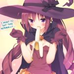 1girl alternate_costume banana between_breasts blush bow breasts cape cleavage drill_hair food fruit gloves halloween hard_translated hat hat_bow hazuki_watora long_hair looking_at_viewer original peko purple_eyes red_hair sexually_suggestive solo tears translated twin_drills witch_hat