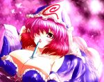 1girl ass between_breasts breasts cleavage dress eating ekitaiidou female food hat huge_breasts ice_cream licking lying pink pink_eyes pink_hair saigyouji_yuyuko sexually_suggestive short_hair solo touhou triangular_headpiece yuyuko_saigyouji