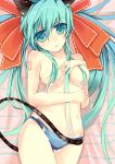 1girl animal_ears between_breasts blue_eyes blue_hair breasts cameltoe cat_ears cat_tail female hair_ornament hair_ribbon miku_hatsune high_res long_hair lotion lying on_back panties rain_lan ribbon sexually_suggestive solo spring_onion striped striped_panties summer sunscreen tail thigh_gap topless underwear vocaloid