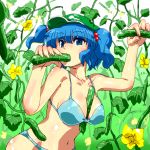  1girl between_breasts bikini blue_eyes blue_hair breasts cucumber eating female flower gomi_ichigo hair_bobbles hair_ornament hat kawashiro_nitori long_hair sexually_suggestive solo swimsuit touhou twin_tails twintails 