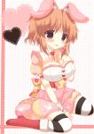  1girl :p abe_nana animal_ears between_breasts black_legwear breasts brown_eyes brown_hair bunny_ears carrot cleavage crescent_moon dress high_res highres idolmaster idolmaster_cinderella_girls moon saliva sexually_suggestive short_hair solo stockings striped striped_legwear suzune_rena thighhighs tongue tongue_out white_legwear 