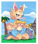 2013 ambiguous_gender areola big big_nipples blush breasts brown_eyes brown_fur brown_nose canine cashew_(character) chao clothed clothing cloud coconut dog eyelashes female fruit fur grass hair half-dressed happy heart highres kneel kneeling looking_at_viewer navel nipples orange_eyes original_character outside palm_tree plant rock sega shadow shiny shirt shirt_lift shoes short_hair shorts sitting size_difference sky smile solo sonic_(series) sssonic2 tan_fur thick_thighs thighs tree white_eyes white_fur wide_hips wood