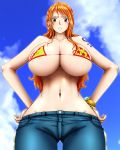  1girl bare_shoulders bikini_top blush breasts brown_eyes cloud earrings hands_on_hips high_res hips huge_breasts inomaru jeans jewelry long_hair looking_at_viewer nami navel one_piece orange_hair pirate sky solo standing tattoo 