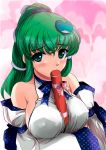  1girl bare_shoulders between_breasts blush breasts detached_sleeves diploma female green_eyes green_hair hair_up kochiya_sanae ponytail sexually_suggestive solo touhou yamaguchi_takashi yamaguchi_yuu 