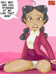 brown_eyes dark_skin dialogue disney dtms looking_at_viewer panties penny_proud pigtails sitting skirt the_proud_family twin_tails upskirt