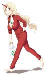  1girl alternate_costume barefoot between_breasts blonde_hair blush breasts cleavage contemporary cucumber female hiroya hiroya_juuren horn horns hoshiguma_yuugi oni red_eyes sexually_suggestive simple_background sleeves_pushed_up solo sweater touhou white_background 