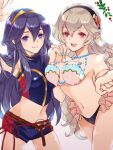  2_girls alluring bikini blue_eyes blue_hair breasts corrin corrin_(fire_emblem) corrin_(fire_emblem)_(female) elf fingerless_gloves fire_emblem fire_emblem:_kakusei fire_emblem_cipher fire_emblem_heroes fire_emblem_if gloves hair_between_eyes hair_ornament hairband long_hair looking_at_viewer lucina mamkute manakete multiple_girls nintendo open_mouth pointy_ears red_eyes renkonmatsuri shell shell_bikini shorts silver_hair smile swimsuit tiara 