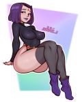 1girl 1girl 1girl big_breasts curvy_figure dc_comics female_only jakuson_z legwear medium_breasts nipple_slip purple_eyes purple_hair purple_lipstick raven_(dc) stockings teen_titans thick_lips thick_thighs thighs watermark wide_hips