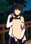 1girl belt biting black_hair blake_belladonna exposed_breasts hand_in_pants lip_biting looking_at_viewer necromalock official_style pants rwby unbuckled_belt yellow_eyes