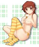  1girl amagami between_breasts big_breasts blush breast_squeeze breasts brown_eyes brown_hair covering covering_breasts feet food ice_cream ice_cream_cone kusaka_maichi large_breasts loose_thighhigh no_shoes orange_legwear panties polka_dot polka_dot_legwear sakurai_rihoko sexually_suggestive side-tie_panties sock_pull solo stockings striped striped_legwear striped_thighhighs suggestive_fluid thighhighs topless underwear underwear_only xsaka_mighty yellow_legwear yellow_thighhighs 