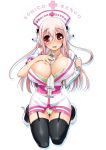  1girl between_breasts bra breasts garter_belt garter_straps hat headphones huge_breasts kneel kneeling kouki_kuu lingerie long_hair nitroplus nurse_cap pink_hair red_eyes sexually_suggestive solo sonico soniko stockings super_sonico syringe tears thighhighs underwear 