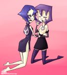 barefoot blue_hair gaz invader_zim no_bra purple_hair rapps short_hair small_breasts striped_legwear tak yuri