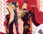 between_breasts big_breasts blush breasts cleavage gun high_res licking long_hair nail_polish open_clothes red_hair rifle sexually_suggestive tengen_toppa_gurren_lagann tongue weapon yellow_eyes yoko_littner