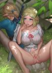 1boy 1girl blonde_hair blue_eyes excited exhibitionism fingering_pussy forest hetero large_breasts looking_at_another outside pointy_ears princess_zelda sitting spread_legs the_legend_of_zelda unfairr zelda