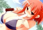 1girl bare_shoulders between_breasts bikini blush breasts cloud dutch_angle female huge_breasts kurikara large_breasts long_hair melting mouth_hold navel onozuka_komachi palm_tree popsicle red_eyes red_hair sexually_suggestive sky solo sweat swimsuit touhou tree