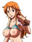 1girl :d apoperi big_breasts bikini_lift bikini_top breasts brown_eyes censored corodastan cum cum_drip cum_in_mouth cum_on_body cum_on_breasts cum_on_upper_body cumdrip earrings facial handjob jewelry large_breasts log_pose long_hair mosaic_censoring nami nami_(one_piece) nipples one_piece open_mouth orange_eyes orange_hair penis simple_background smile straw_hat_pirates tattoo white_background