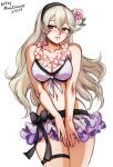 1girl alluring alternate_costume anklet artist_name bare_shoulders bikini bikini_skirt black_bow bow breasts cleavage collarbone corrin_(fire_emblem) corrin_(fire_emblem)_(female) corrin_(summer)_(fire_emblem)_(female) cowboy_shot dated female_only fire_emblem fire_emblem_fates fire_emblem_heroes flower flower_necklace front-tie_top hair_flower hair_ornament hairband jewelry lei medium_breasts microskirt mina_cream minacream navel nintendo official_alternate_costume red_eyes silver_hair simple_background skirt smile swimsuit thigh_strap white_background white_bikini white_swimsuit