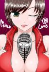 between_breasts breasts cleavage gorbachev_tanaka high_res huge_breasts meiko oldschool_microphone sexually_suggestive tongue vocaloid wink