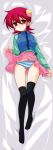 ass bed bed_sheet big_breasts black_legwear blush breasts brown_eyes capcom dakimakura dakimakura_design full_body fully_clothed ikeda_jun_(aquaqua) jacket looking_at_viewer lying mayl_sakurai mega_man mega_man_battle_network mega_man_nt_warrior megaman on_back panties pink_hair pink_skirt red_hair rockman rockman_exe sakurai_meiru short_hair skirt skirt_lift smile stockings thick_thighs thighhighs thighs