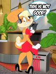 1girl absurd_res anthro bra clothing detailed_background english_text female_only furry grimphantom high_res inside lagomorph lola_bunny looney_tunes mammal panties paper_shredder plant rabbit secretary speech_bubble standing text underwear wardrobe_malfunction warner_brothers window