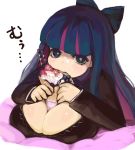 1girl between_breasts blueberry bow breasts cleavage food fruit green_eyes hair_bow huge_breasts ice_cream kasutaso long_hair multicolored_hair panty_&_stocking_with_garterbelt sexually_suggestive solo stocking_(psg) strawberry