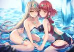  2_girls 2females alluring bare_back bare_thighs big_breasts bikini blonde_hair blush breasts choker cleavage core_crystal earrings emerald_earrings female_only gold_tiara green_earrings handholding hinot inoue_takuya light_blush long_blonde_hair mythra nintendo pyra red_eyes red_hair red_swimsuit red_swimwear swimsuit swimwear thick_thighs thigh_ring thighs tiara water white_choker white_swimming_suit white_swimsuit white_swimwear white_thigh_ring xenoblade_(series) xenoblade_chronicles_2 yellow_eyes 