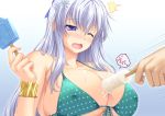 /\/\/\ 1boy 1girl between_breasts bikini blue_eyes blush breasts flower hair_flower hair_ornament holding huge_breasts long_hair miyai_max one_eye_closed open_mouth original polka_dot polka_dot_bikini polka_dot_swimsuit popsicle purple_eyes purple_hair sexually_suggestive swimsuit wavy_mouth wince wink