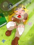 anthro big_breasts blonde_hair blush book boots breasts closed_eyes cute female gloves goomba goombella hair headgear helmet long_hair mario_bros nintendo outside presenting sleeping solo sssonic2 stockings thick_thighs video_games voluptuous wide_hips