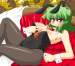  1girl akasode_(tyaramu) animal_costume animal_ears bare_shoulders between_breasts blush breasts bunny_costume bunny_ears bunny_girl bunnysuit carrot chyaramu cleavage couch female flower green_hair huge_breasts kazami_yuuka large_breasts pantyhose red_eyes sexually_suggestive short_hair sitting sofa solo sunflower tongue touhou youkai 