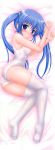  1girl absurd_res ass bed_sheet blue_eyes blue_hair blush dakimakura female_only high_res kisaragi_mic lying marina_(kisaragi_mic) no_shoes on_side one-piece_swimsuit pastel_wing scan see-through solo_female stockings swimsuit wet wet_clothes white_legwear white_swimsuit 