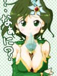 1girl between_breasts big_breasts blush breast_hold breasts bridal_gauntlets cape crossed_arms detached_sleeves earrings final_fantasy final_fantasy_iv green_eyes green_hair hair_ornament ichigo_yu jewelry large_breasts rydia sexually_suggestive solo wand weapon