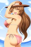  1girl ass bikini breasts brown_hair butt_crack closed_eyes hair hat headgear large_breasts long_hair nonomiya_midori ocean open_mouth original shin&#039;en_(gyokuro_company) side-tie_bikini sideboob smile solo swimsuit very_long_hair water wet 