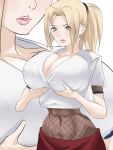  1girl 1girl big_breasts blonde_hair breasts cleavage close-up clothing female_only grabbing_own_breast huge_breasts lipstick long_hair makeup naruto naruto_(series) naruto_shippuden navel ponytail shinimi_(nishimiya_shirone) skirt teasing tied_hair touching_breast tsunade upper_body 