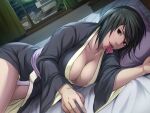 1girl bed big_breasts black_eyes black_hair building cleavage condom condom_in_mouth curtains laying_down looking_at_viewer naruto naruto:_road_to_ninja night nipple_bulge panties pink_nipples shizune shizune_(naruto:_road_to_ninja) short_hair smile tk_(tk's_level4) white_panties window