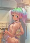 1girl 4chan apron ass bikini_tan bow breasts brown_eyes chawaifu-tan cooking dark_skin drawfag frying_pan gradient_hair green_hair hair_bow long_hair looking_at_viewer looking_back multicolored_hair naked_apron nipple_slip nipples original orz_(artist) pink_hair ponytail small_breasts smile spatula tan tan_line