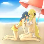 2_girls alluring beach beach_towel beach_umbrella blonde_hair blue_eyes blue_hair creatures_(company) cynthia_(pokemon) dawn_(pokemon) game_freak hair_ornament hair_over_one_eye hat hikari_(pokemon) huge_breasts humans_of_pokemon ice lesbian long_hair milf nintendo ocean pokemon pokemon_(anime) pokemon_(game) pokemon_black_2_&_white_2 pokemon_black_and_white pokemon_bw pokemon_bw2 pokemon_diamond_pearl_&_platinum pokemon_dppt purple_eyes sexy sexy_ass sexy_body sexy_breasts shirona_(pokemon) surprised yuri