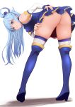 1girl 1girl 1girl aqua_(konosuba) ass bare_shoulders bent_over blush boots bow breasts clothing detached_sleeves dress eyebrows_visible_through_hair footwear gibun_(sozoshu) hair_ornament hair_rings high_heels high_resolution kono_subarashii_sekai_ni_shukufuku_wo! long_hair medium_breasts nopan shadow shoes simple_background sleeveless sleeveless_dress smile standing stockings thigh_high_boots thighhighs_under_boots very_high_resolution very_long_hair white_background