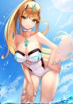  1girl absurd_res alluring bangs big_breasts blonde_hair breasts gem hakusai_(hksicabb) headpiece high_res long_hair mythra_(radiant_beach)_(xenoblade) mythra_(xenoblade) nintendo one-piece_swimsuit ribbed_swimsuit risumi_(taka-fallcherryblossom) strapless strapless_swimsuit striped swept_bangs swimsuit tiara vertical-striped_swimsuit vertical_stripes very_long_hair voluptuous white_swimsuit xenoblade_(series) xenoblade_chronicles_2 yellow_eyes 