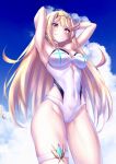  1girl absurd_res alluring bangs big_breasts blonde_hair breasts gem hakusai_(hksicabb) headpiece high_res long_hair mythra mythra_(radiant_beach)_(xenoblade) mythra_(xenoblade) nintendo one-piece_swimsuit ribbed_swimsuit strapless strapless_swimsuit striped swept_bangs swimsuit tiara vertical-striped_swimsuit vertical_stripes very_long_hair voluptuous white_swimsuit xenoblade_(series) xenoblade_chronicles_2 yellow_eyes 