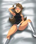  1girl blue_(pokemon) blue_eyes blush boots brown_hair deadmoon deadmoon_(kein2002) dress earrings female_only gloves highres jewelry leaf_(pokemon) long_hair lying nintendo on_back open_mouth panties pokemon pokemon_special sleeveless sleeveless_dress solo solo_female spread_legs sweat thong underwear 