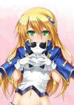  1girl arc_system_works blazblue blazblue:_chronophantasma blonde_hair capelet gloves green_eyes hair_ornament midriff navel noel_vermillion panda roura small_breasts smile upper_body 