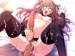 1girl ahegao bed blush breasts brown_hair censored cum defloration futanari long_hair lowres lying masturbation nipples open_mouth penis pubic_hair rolling_eyes sex skirt thighhighs vaginal virgin