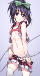 1girl bad_id belly black_hair blush bow chain chains cuffs facial_mark flat_chest hair hair_bow hip_vent kunihiro_hajime long_hair looking_at_viewer matsuryuu navel parted_lips ponytail purple_eyes revealing_clothes saki_(series) saki_achiga-hen shackle shackles simple_background skirt small_breasts solo star stockings thighhighs white_legwear