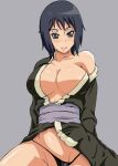 1girl areola areola_slip big_breasts black_eyes black_hair blush breasts cleavage female_only kimono kneel lipstick long_hair looking_at_viewer makeup naruto naruto:_road_to_ninja naruto_(series) naruto_shippuden no_bra off_shoulder open_clothes panties shizune shizune_(naruto:_road_to_ninja) smile underwear upper_body