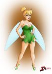 1girl bare_arms bare_legs bare_shoulders big_breasts blonde_hair blue_eyes breasts brown_background cleavage disney dress fairy fairy_wings full_body gradient gradient_background green_dress green_footwear grin hair_between_eyes hair_bun hands_on_hips large_breasts legs lips lipstick makeup naughty_face parted_lips peter_pan ramos ramos_(artist) red_lipstick shoes short_dress short_hair smile solo standing strapless strapless_dress tinker_bell wings