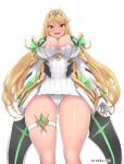  1girl alluring angoha big_breasts blonde_hair chest_jewel cleavage_cutout clothing_cutout dress headpiece high_res microdress mythra panties pantyshot swept_bangs tiara underwear white_panties xenoblade_(series) xenoblade_chronicles_2 yellow_eyes 