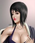 1girl artist_signature big_breasts black_eyes black_hair bra breasts cleavage female_only kimono lipstick long_fingernails makeup n6023 nail_polish naruto naruto:_road_to_ninja naruto_(series) naruto_shippuden off_shoulder red_lips red_nails shizune shizune_(naruto:_road_to_ninja) smile sweat sweatdrop teasing undressing upper_body