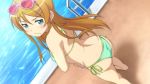 1girl ass back barefoot bikini blonde_hair blue_eyes dutch_angle embarrassed from_behind game_cg hair_ornament hairclip kousaka_kirino looking_back official_art orange_hair ore_no_imouto_ga_konna_ni_kawaii_wake_ga_nai pool pool_ladder poolside side-tie_bikini sunglasses sunglasses_on_head swimsuit water