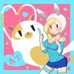  1girl adventure_time asymmetrical_hair bare_shoulders big_breasts black_eyes blonde_hair blush bra breasts bunny_hood cake_the_cat cat cleavage curvy fionna_the_human hair heart highres hips long_hair moyori navel open_mouth pink_bra pointing polka_dot polka_dot_background skirt stockings underwear white_legwear wide_hips zettai_ryouiki 